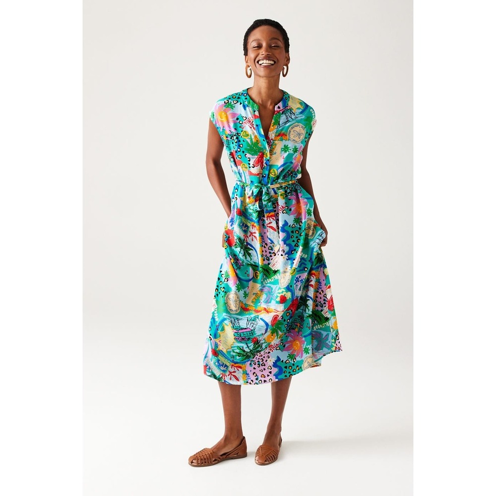 Promod Floral Tropical Animal Print Midi Dress w/ Cap Sleeve & Belted